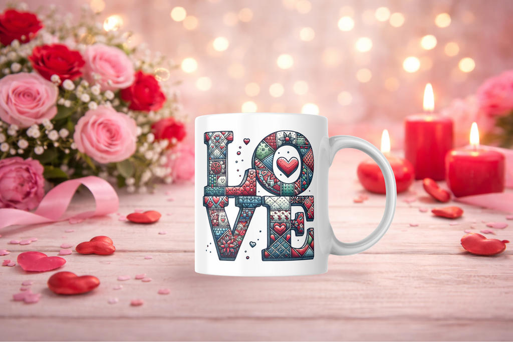 Artistic Patchwork "LOVE" Heart Valentine’s Mug